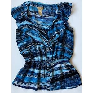 Miss Tina Women’s Sleeveless Blue Multicolored Button Down Top Medium